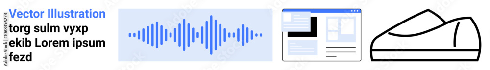 Text block in blue and black, abstract blue sound wave, minimalistic website layout, and outlined shoe. Ideal for digital design, web development, user interface, sound analysis, typography, footwear Text block in blue and black, abstract blue sound wave, minimalistic website layout, and outlined shoe. Ideal for digital design, web development, user interface, sound analysis, typography, footwear