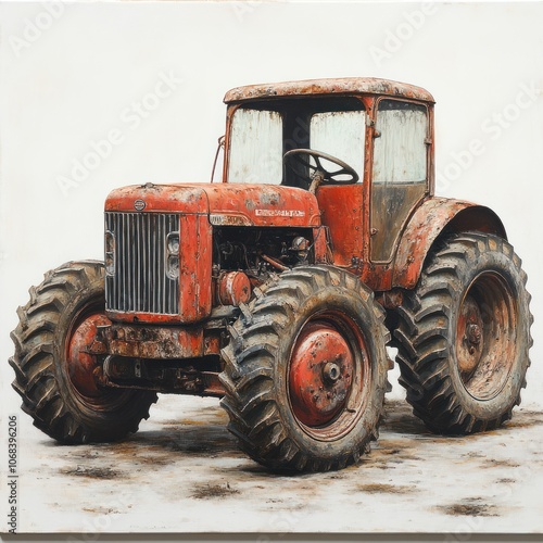 A weathered red tractor with worn tires stands against a white background.