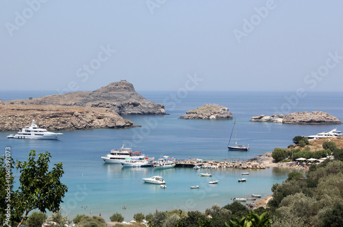 Rodi Lindos, vista panoramica del paesaggio della baia di San Paolo Grecia, Dodecaneso.