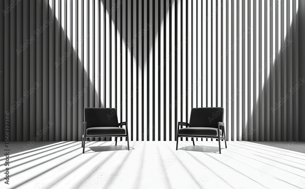 Fototapeta premium modern interior design. Wall mockup with vertical linear lights in a minimalist room. Background wall panel, beige and white in color, with grey armchairs near the window