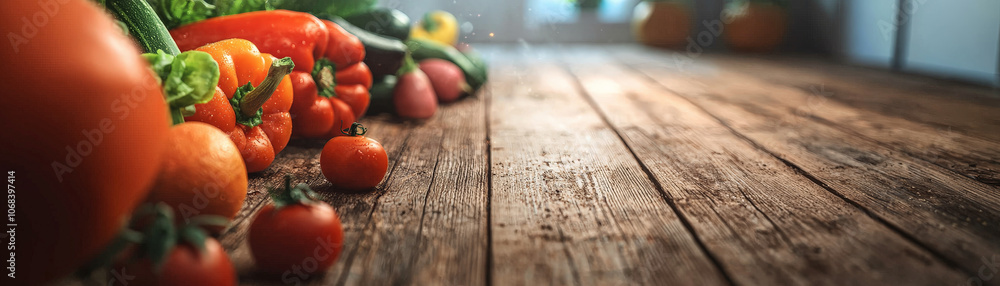 Fresh vegetables including tomatoes, peppers, and cucumbers are beautifully arranged on rustic wooden floor, creating vibrant and healthy atmosphere Fresh vegetables including tomatoes, peppers, and cucumbers are beautifully arranged on rustic wooden floor, creating vibrant and healthy atmosphere