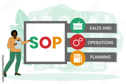 SOP - Sales and Operations Planning acronym. business concept background. vector illustration concept with keywords and icons. lettering illustration with icons for web banner, flyer, landing page