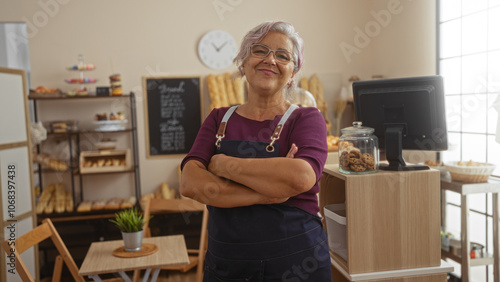 Quadro su tela Hispanic grey-haired mature woman with glasses and arms crossed standing confidently in an indoor bakery shop surrounded by shelves of bread, pastries, and a cash register