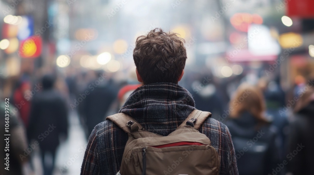 A person is walking through a busy street and a blurry environment, feeling stressed and pressured by everyday life.