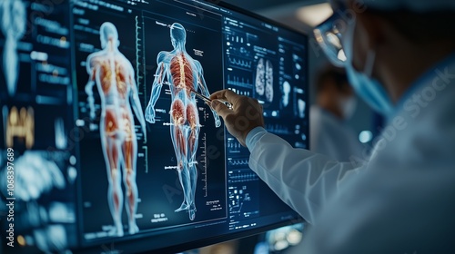 Una dottoressa analizza l'ologramma anatomico di un paziente attraverso occhiali AR, esplorando dettagli medici avanzati in realtà aumentata.