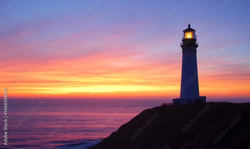 Lighthouse on a cliff at sunset with sky and sea, Generative AI Lighthouse on a cliff at sunset with sky and sea, Generative AI