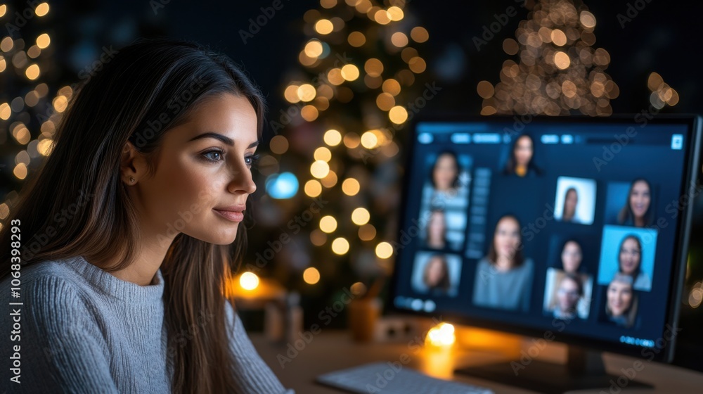 Woman on Video Call with Holiday Decor Background Woman on Video Call with Holiday Decor Background
