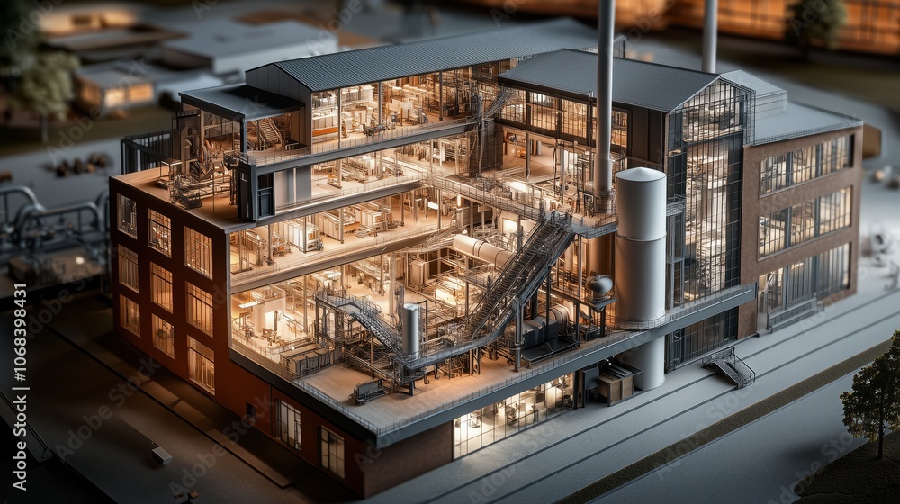 actory layout, photometric angle, showing a cutaway view of an industrial building with walls removed to reveal interior details. actory layout, photometric angle, showing a cutaway view of an industrial building with walls removed to reveal interior details.