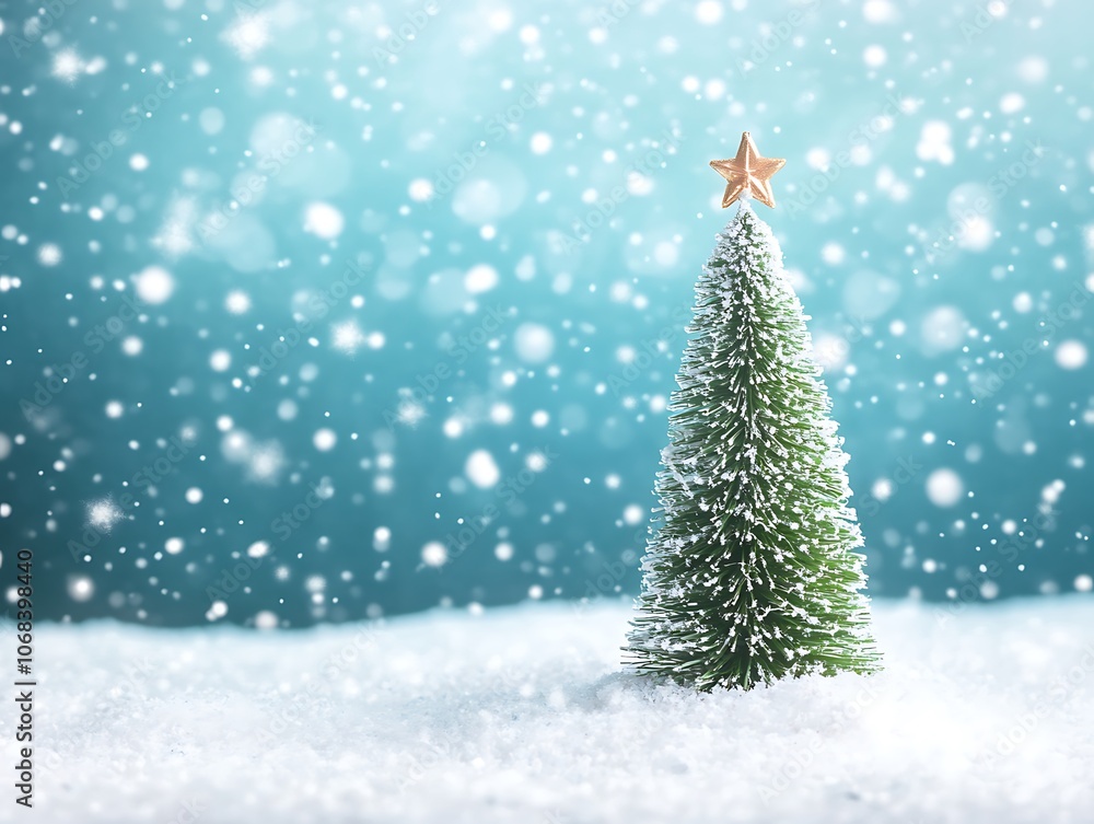 Small Christmas Tree with Gold Star Topper in Snowy Landscape Small Christmas Tree with Gold Star Topper in Snowy Landscape