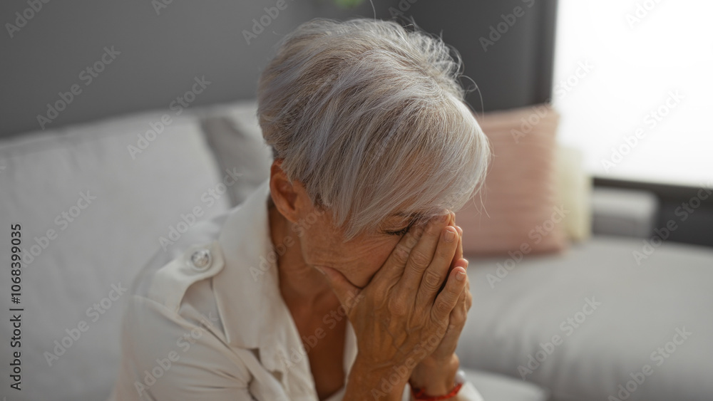 Elderly woman with grey hair and short haircut is sitting indoors in an apartment living room with her hands covering her face, portraying a sense of distress and emotional struggle. Elderly woman with grey hair and short haircut is sitting indoors in an apartment living room with her hands covering her face, portraying a sense of distress and emotional struggle.