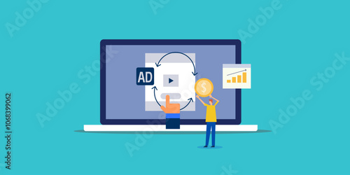 Return on ad spend, businessman getting profit from social media advertising campaign, ROI increase graph conceptual vector illustration.
