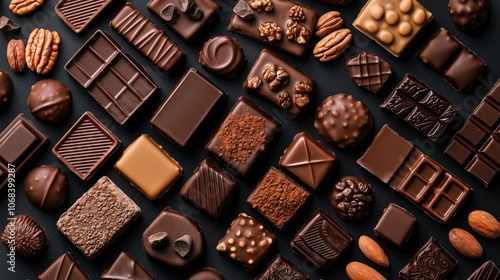 Overhead shot of diverse range of artisanal chocolates arranged in a geometric pattern, varying textures and colors, fine details of cacao powder and decorative designs. photo