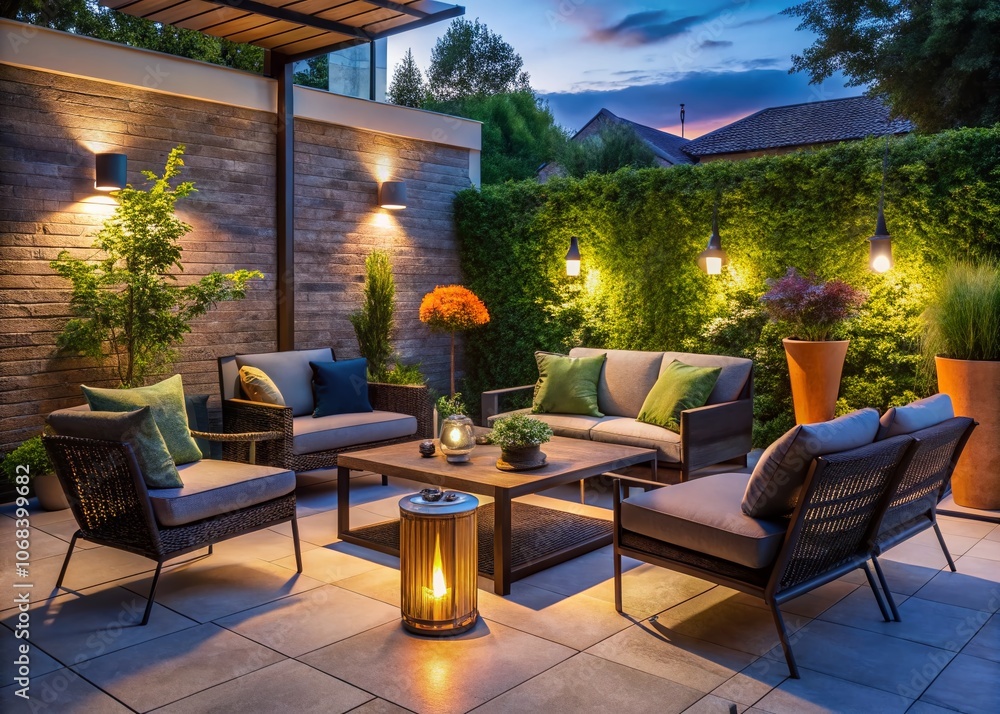 Fototapeta premium Modern Patio Furniture Set in Low Light: Elegant Outdoor Living Space with Cozy Atmosphere, Featuring Stylish Chairs and Table, Illuminated by Soft Ambient Lighting for Evening Gatherings