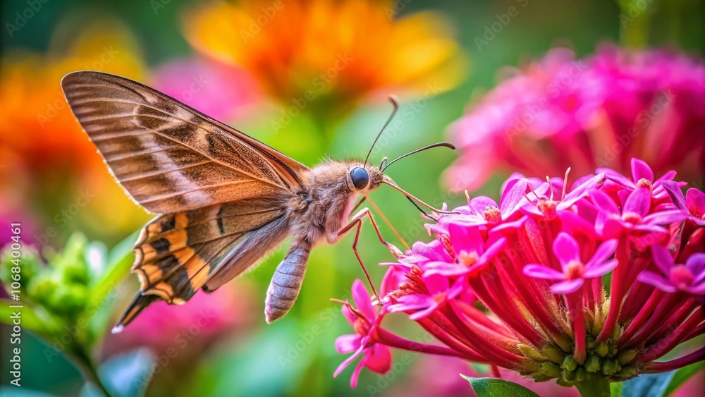 Moth Delicately Feeding on the Nectar of a Vibrant Pink Flower in a Lush Garden Setting with High Depth of Field for Nature and Wildlife Photography Enthusiasts Moth Delicately Feeding on the Nectar of a Vibrant Pink Flower in a Lush Garden Setting with High Depth of Field for Nature and Wildlife Photography Enthusiasts