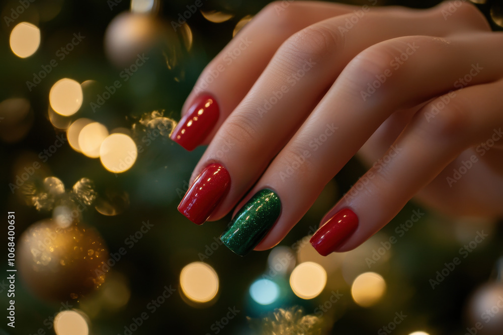 Client getting a holiday manicure with red and green nail polish, Christmas tree in background Client getting a holiday manicure with red and green nail polish, Christmas tree in background