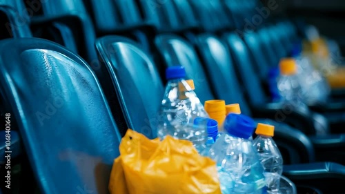 Discarded plastic bottles and trash bag left on empty stadium seats, illustrating waste, littering, and environmental impact after an event.