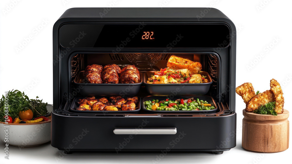 A smart oven with an air fryer option, showing a touchscreen interface where users select preset recipes for perfectly cooked, oil-free meals at the touch of a button. A smart oven with an air fryer option, showing a touchscreen interface where users select preset recipes for perfectly cooked, oil-free meals at the touch of a button.