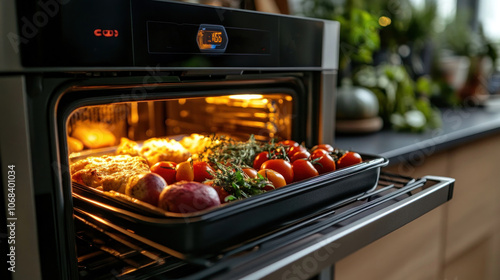 A smart oven with an air fryer option, showing a touchscreen interface where users select preset recipes for perfectly cooked, oil-free meals at the touch of a button.