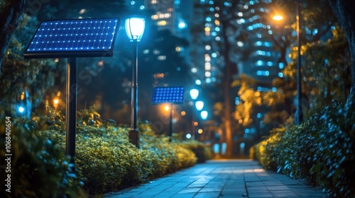 A solar streetlight lined a park in a modern city With Neon Light Smart Sensors