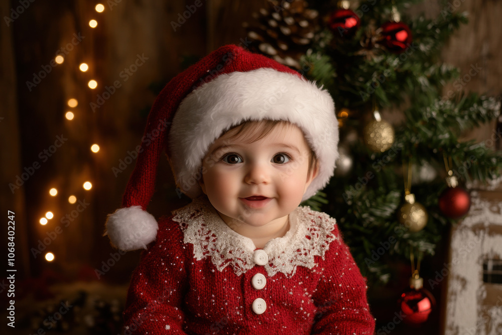Adorable baby in a Santa Claus costume, sitting by a Christmas tree, warm festive lighting Adorable baby in a Santa Claus costume, sitting by a Christmas tree, warm festive lighting