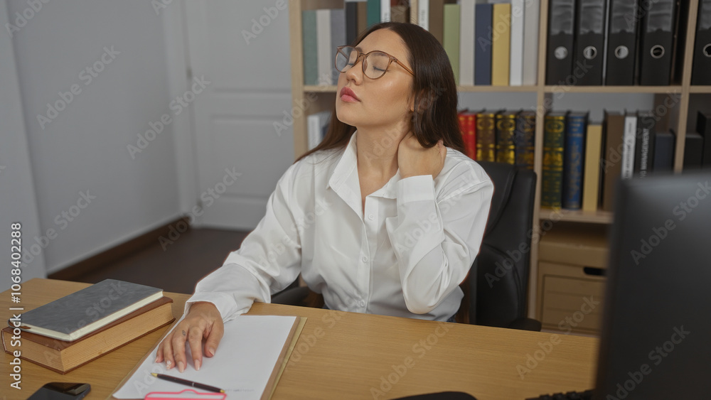 Young woman sitting in office wearing glasses and white shirt stretching neck in front of desk with notebook books filled shelves and papers Young woman sitting in office wearing glasses and white shirt stretching neck in front of desk with notebook books filled shelves and papers