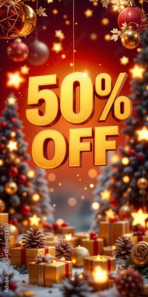 3d 50% off golden banner. Christmas sale. Inscription. Discount. Winter sale. New Year sale 3d 50% off golden banner. Christmas sale. Inscription. Discount. Winter sale. New Year sale