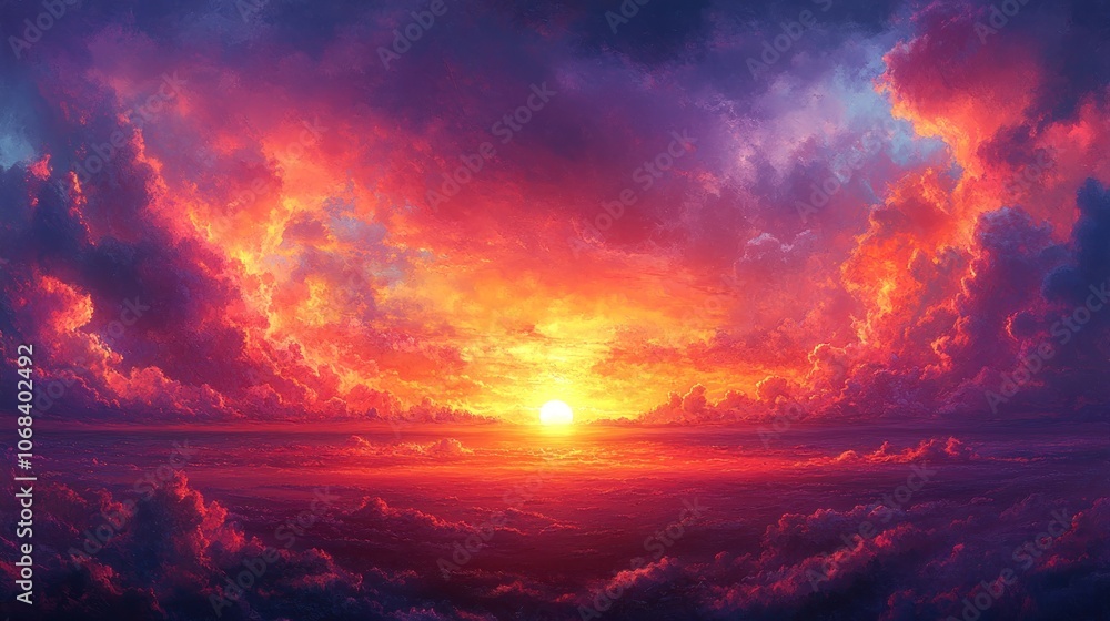 A vibrant sunset paints the sky with fiery hues, casting a golden glow on the clouds below. A vibrant sunset paints the sky with fiery hues, casting a golden glow on the clouds below.
