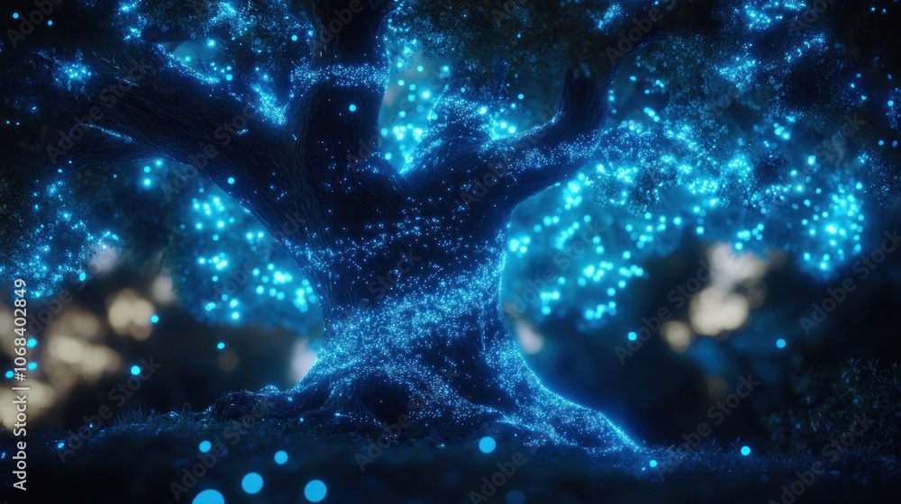 A tree with glowing leaves combined with glowing data cables, combining the beauty of nature with advanced cyber technology. A tree with glowing leaves combined with glowing data cables, combining the beauty of nature with advanced cyber technology.