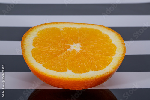 Obraz na płótnie Half a fresh orange lying on a black and white striped tablecloth, close up w salonie
