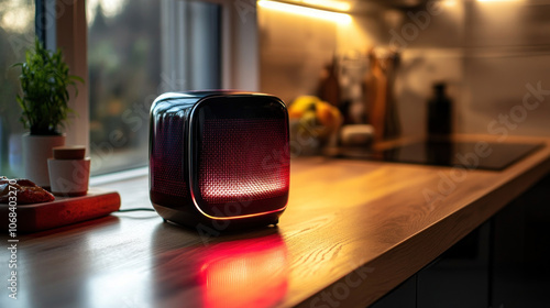 A voice-controlled microwave in a stylish kitchen, heating food based on user instructions, with hands-free operation for convenience.