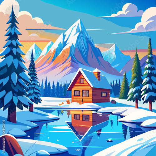 Cabin in the snow with mountains in the background