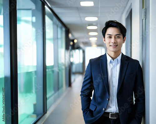 a young Asian man in a modern office corridor or hallway, in a business suit with a professional and confident impression, a relaxed and approachable demeanor. Copy space for design.