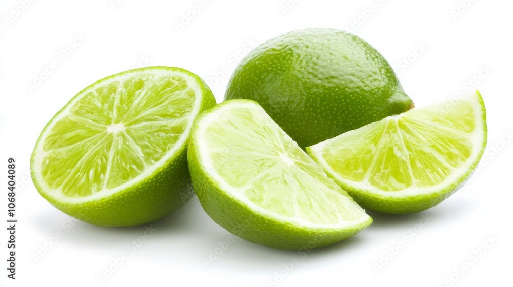 Fresh Green Limes Sliced and Whole on White Background. Fresh Green Limes Sliced and Whole on White Background.