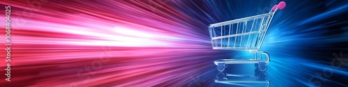 A shopping cart is shown in a bright, colorful, and dynamic background