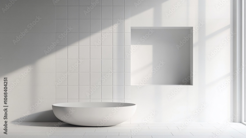 A minimalist bathroom with a white bathtub, tiled walls, and a square recess. Sunlight streams through the window, casting long shadows on the floor. A minimalist bathroom with a white bathtub, tiled walls, and a square recess. Sunlight streams through the window, casting long shadows on the floor.