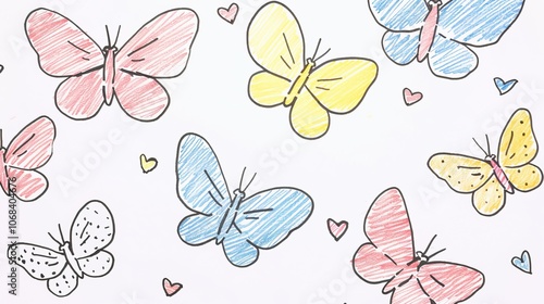 Colorful hand-drawn butterflies with hearts on white background.