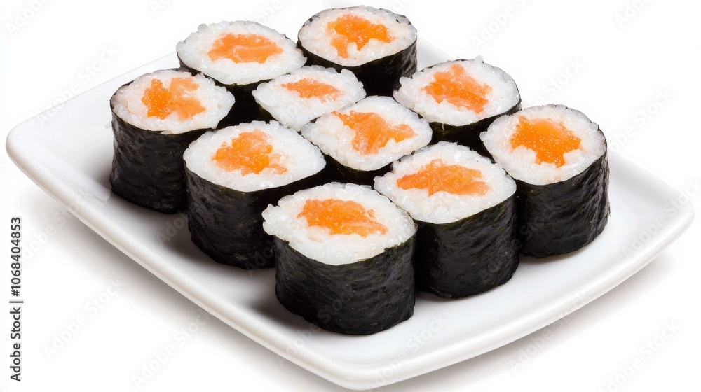 Salmon Sushi Rolls on White Plate. Salmon Sushi Rolls on White Plate.