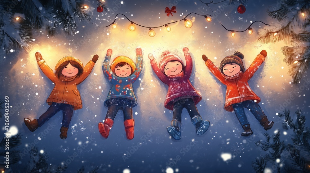 Happy kids friends in winter closes making snow angel, cute winter illustration. Christmas wallpaper, background with children, holiday banner, festive poster, greeting card Happy kids friends in winter closes making snow angel, cute winter illustration. Christmas wallpaper, background with children, holiday banner, festive poster, greeting card