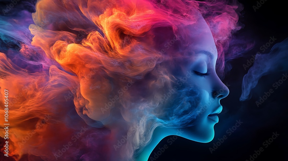 Abstract portrait of a woman's face surrounded by swirling colors. Abstract portrait of a woman's face surrounded by swirling colors.