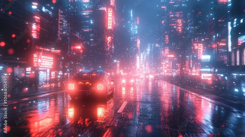A car drives down a wet, neon-lit street in a futuristic city. A car drives down a wet, neon-lit street in a futuristic city.