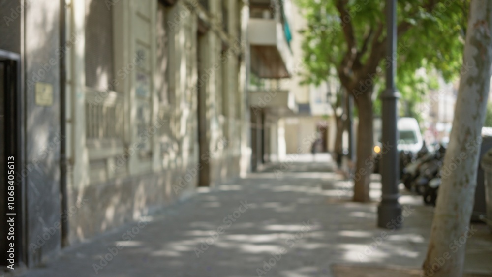 Blurred sidewalk in an urban outdoor setting with defocused buildings and trees creating a bokeh effect in the background on a sunny day Blurred sidewalk in an urban outdoor setting with defocused buildings and trees creating a bokeh effect in the background on a sunny day
