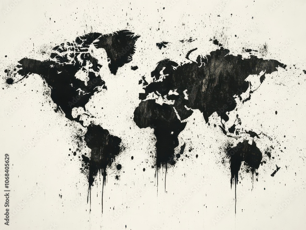 Fototapeta premium Black Ink World Map.