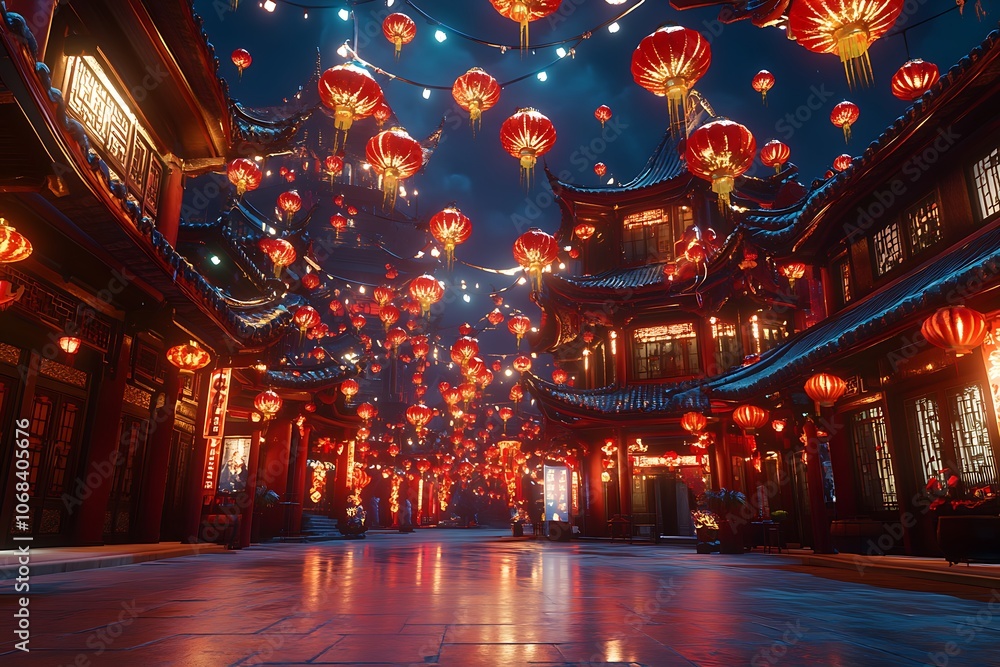 Chinese new year street festively decorated with lanterns, chinatown city background. Chinese new year street festively decorated with lanterns, chinatown city background.