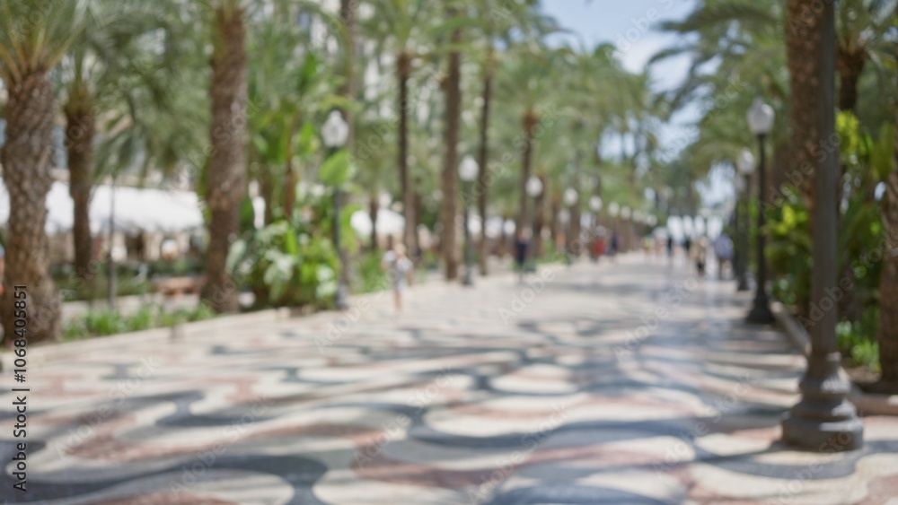 Defocused walkway in alicante, spain, showing palm trees and people enjoying a sunny day outdoors along the decorated promenade Defocused walkway in alicante, spain, showing palm trees and people enjoying a sunny day outdoors along the decorated promenade