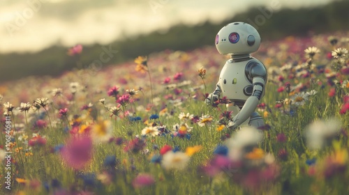 Autonomous robotic gardeners tending to a field of wildflowers, using AI to care for and preserve the natural ecosystem.