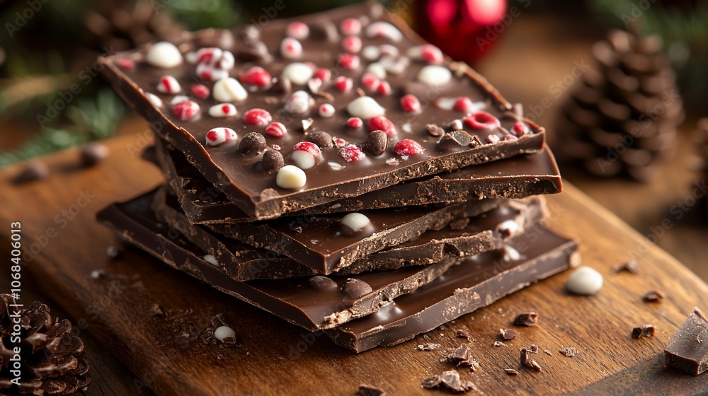 A stack of four chocolate bark pieces with peppermint and white chocolate chips. A stack of four chocolate bark pieces with peppermint and white chocolate chips.