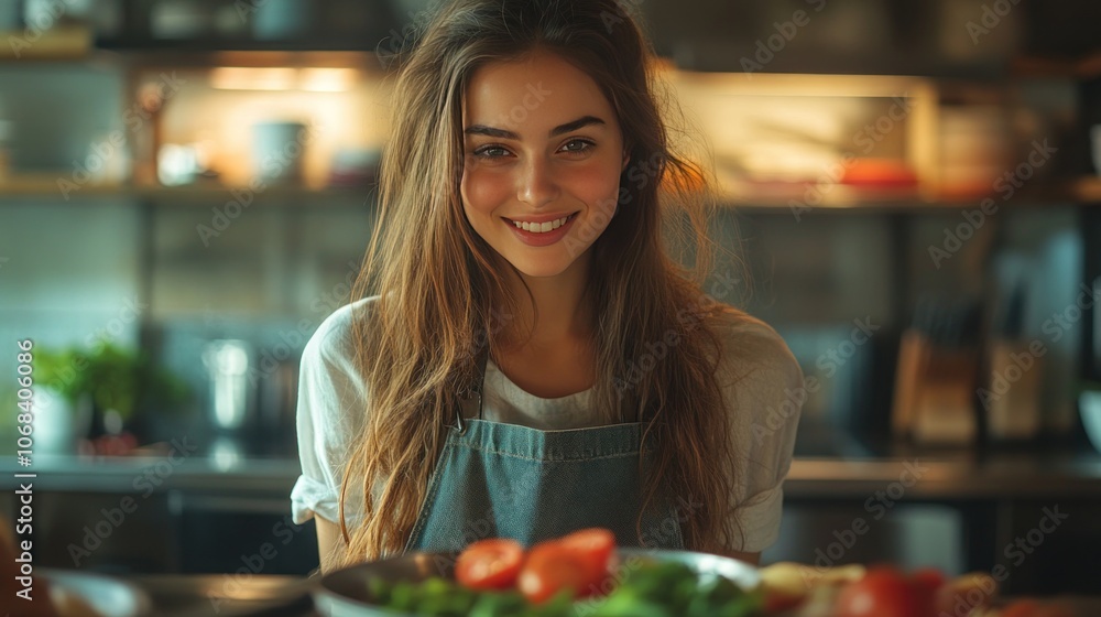 Beautiful young woman heating food with modern induction hob in modern kitchen Beautiful young woman heating food with modern induction hob in modern kitchen