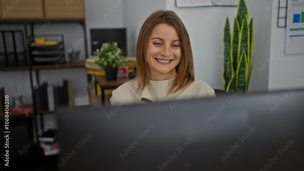 A beautiful young blonde caucasian woman smiles at her computer in a modern office, surrounded by various office items. A beautiful young blonde caucasian woman smiles at her computer in a modern office, surrounded by various office items.