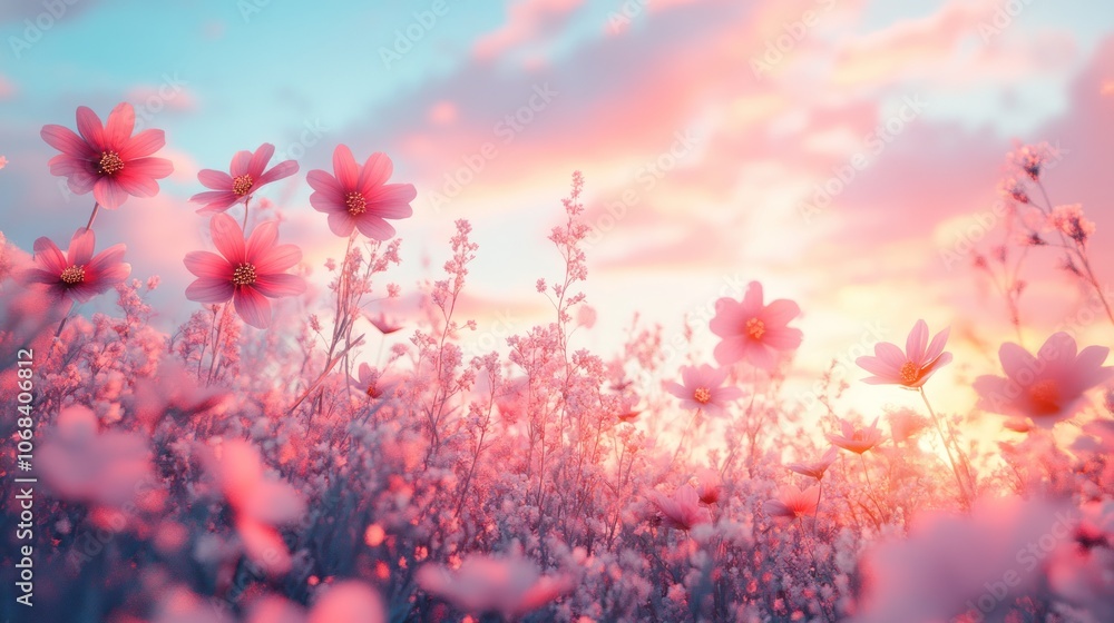 Pink Flowers Sunset Sky Pink Flowers Sunset Sky
