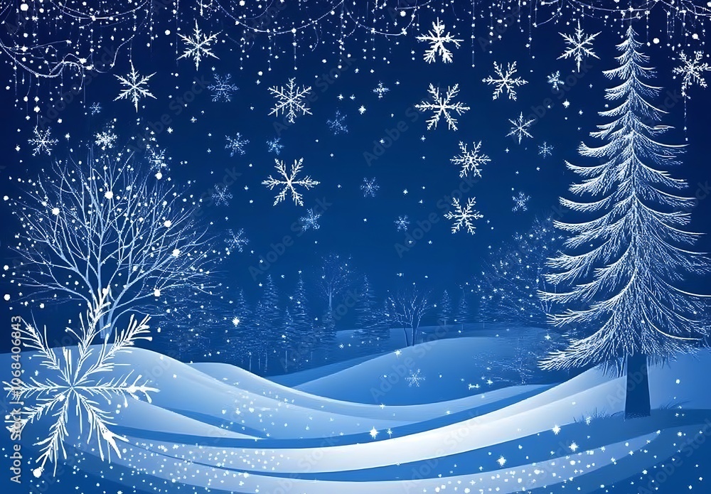 Sparkling Snowflakes Over a Wintry Blue Landscape with copy space. This festive illustration features a deep blue, starry night sky filled with intricate white snowflakes. Sparkling Snowflakes Over a Wintry Blue Landscape with copy space. This festive illustration features a deep blue, starry night sky filled with intricate white snowflakes.